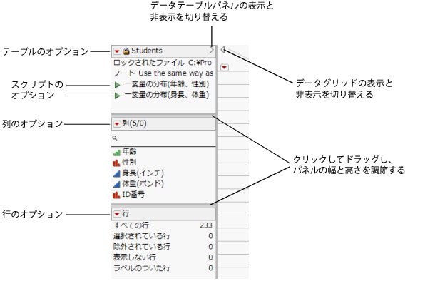 データテーブルパネルでのインタラクティブな操作