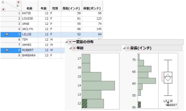 「一変量の分布」プラットフォームの例