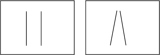 平行投影の平行線（左）と透視投影の平行線（右）