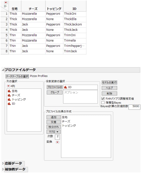 プロファイルデータテーブルと設定後の「プロファイルデータ」アウトライン