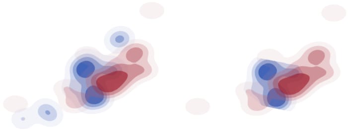 クリッピングされていない等高線（左）とクリッピングされた等高線（右）