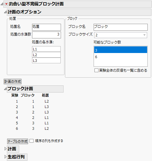 ブロック数3、ブロックサイズ2で3つの処置を調べるBIBD