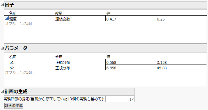 更新された「因子」と「パラメータ」の値