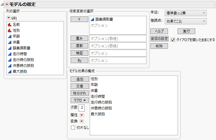 「Fitness.jmp」を使った回帰モデルの「モデルの指定」ウィンドウ