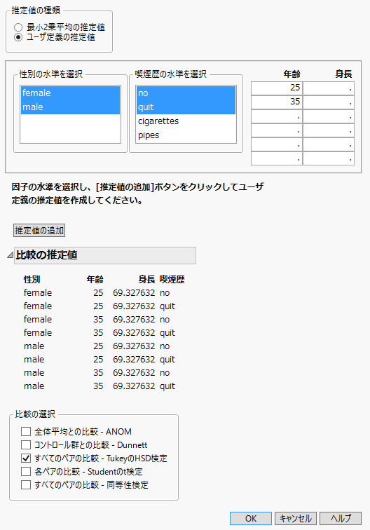 ユーザ定義の推定値を指定