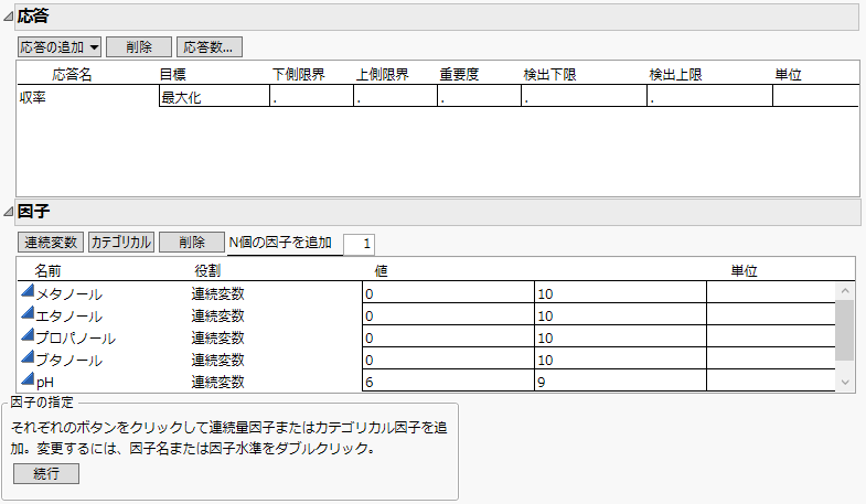 抽出計画の応答と因子