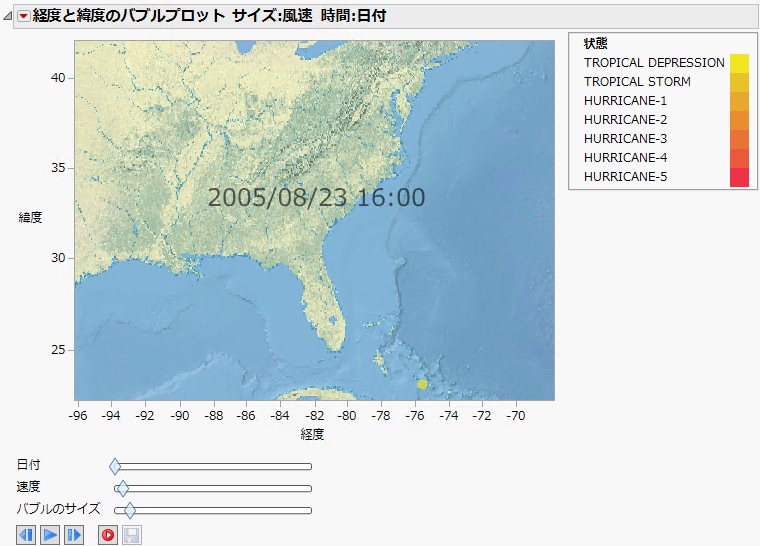 背景地図を加えた「Katrina Data.jmp」のバブルプロット