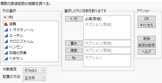 「多変量の相関」起動ウィンドウ