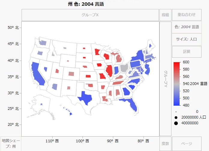 「SAT.jmp」ファイルの「人口」列を「サイズ」ゾーンにドロップしたところ