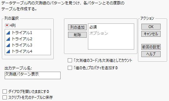 「欠測値パターン表示」ウィンドウ