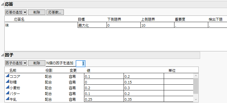 設定後の「応答」および「因子」