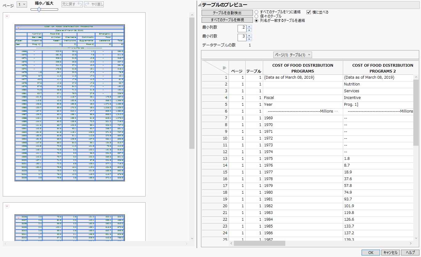 PDFファイルとデータテーブルの最初のプレビュー