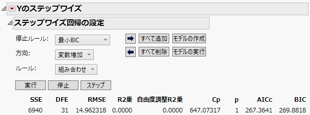 「ステップワイズ回帰の設定」パネル