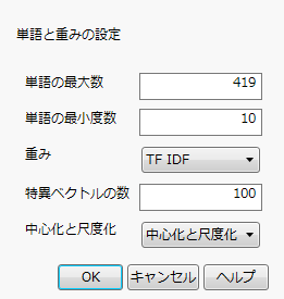 特異値分解の「設定」ウィンドウ