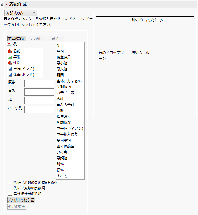 「表の作成」の対話的な表