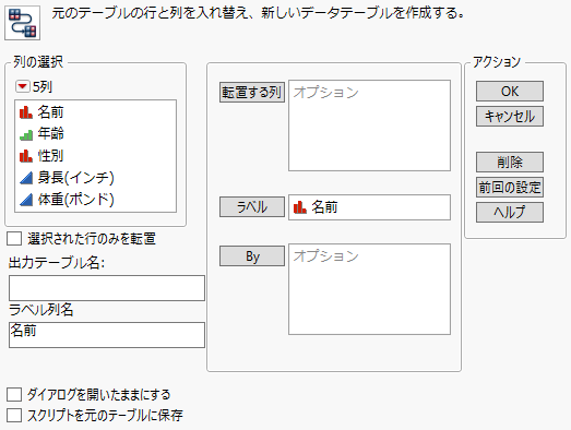 「転置」ウィンドウ