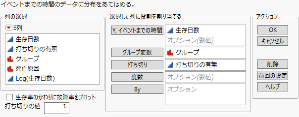 「生存時間/信頼性分析」起動ウィンドウ