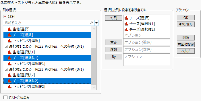 「一変量の分布」起動ウィンドウ