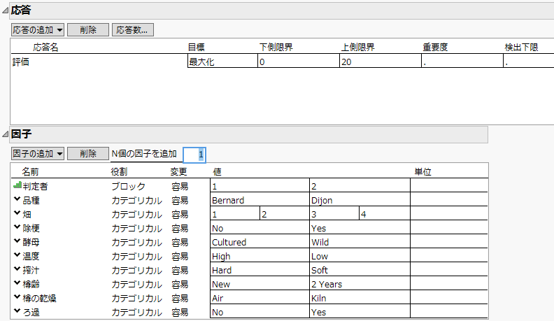 設定後の「応答」と「因子」