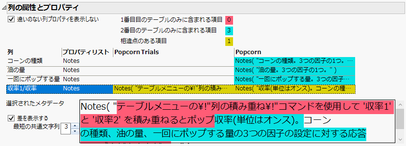 列の属性とプロパティの比較