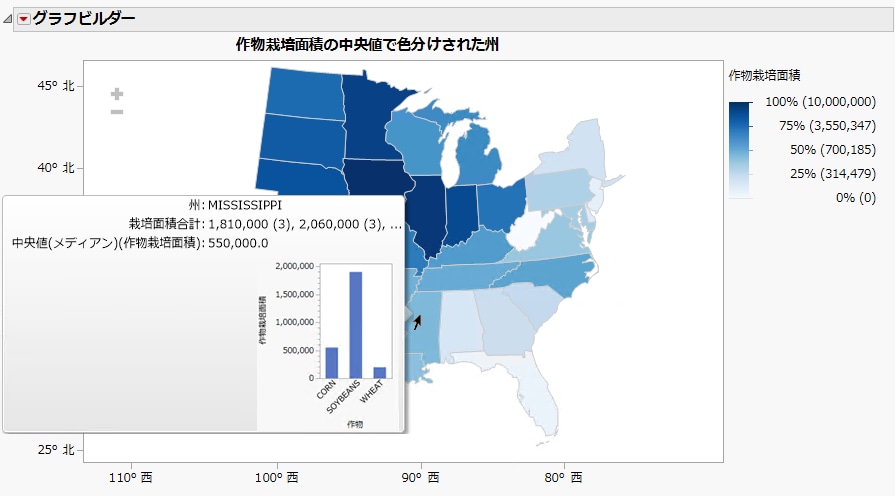 完成した状態の作物栽培面積の中央値で色分けされた地図