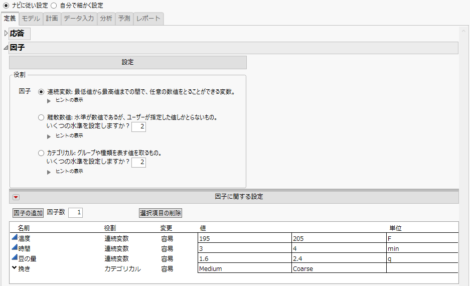 入力後の因子設定の表（「ナビ付きDOE」の［定義］タブ）