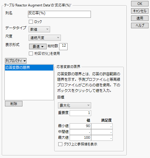 「反応率(%)」列の「応答変数の限界」列プロパティ