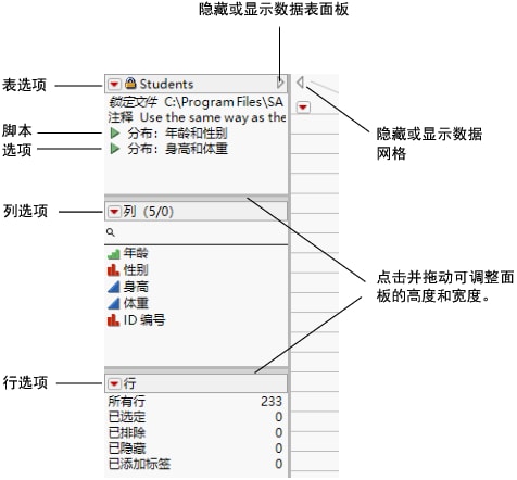 Interacting with the Data Table Panels