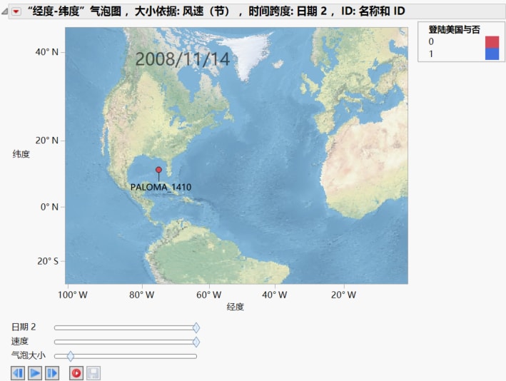 Bubble Plot of Hurricanes.jmp with Background Map