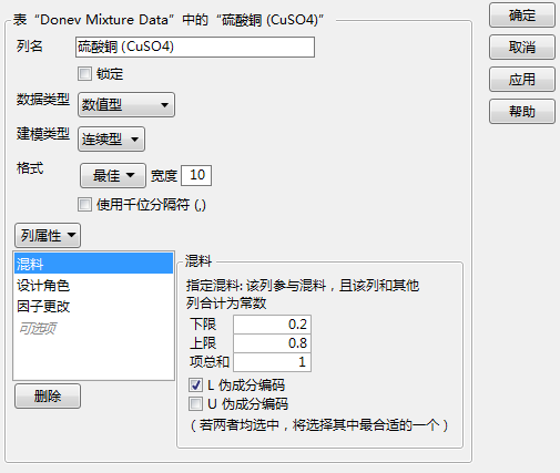 Mixture Column Property Panel for CuSO4