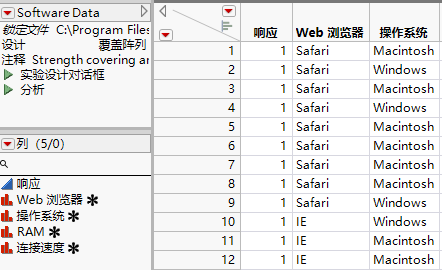 Partial View of Covering Array Table for Software Data.jmp Showing Scripts