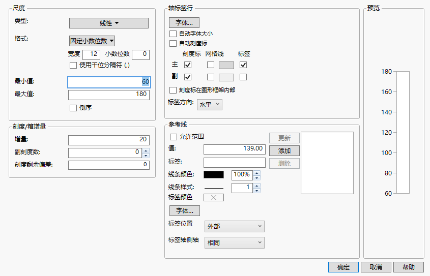 Axis Settings Window for a Numeric (Continuous) Axis